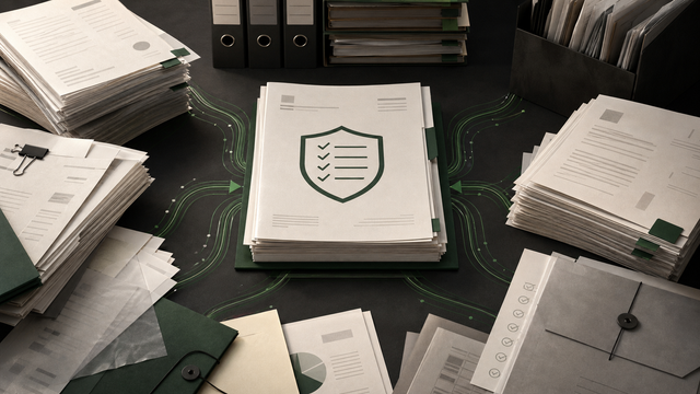 Editorial illustration of compliance evidence documents flowing into an annual review dossier