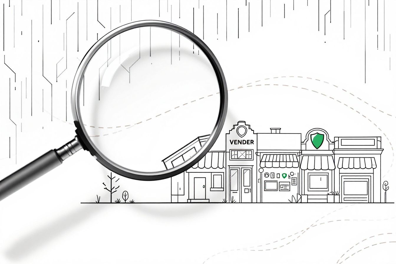 Line illustration of a magnifying glass evaluating a row of vendor buildings, one marked with a shield