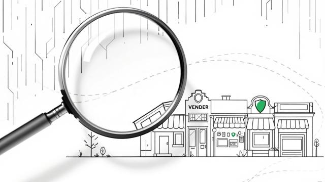 Line illustration of a magnifying glass evaluating a row of vendor buildings, one marked with a shield