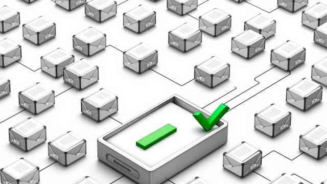 Line illustration of documents flowing from mailboxes into an organised tray through automated collection nodes