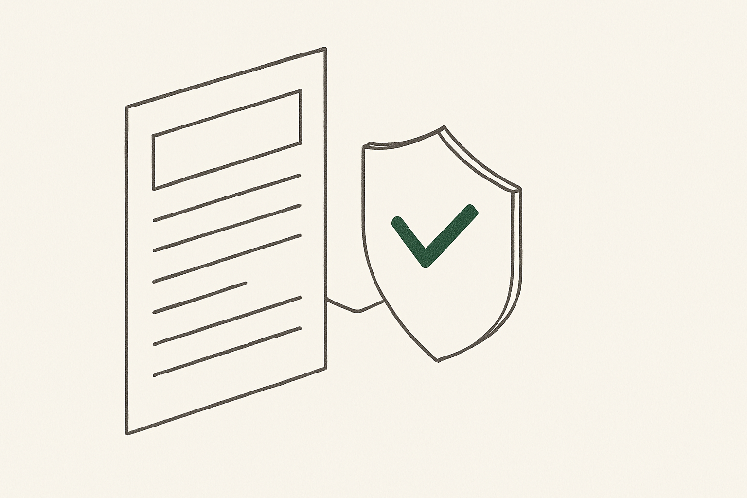 Line illustration of a marketing document reviewed through a checklist-shield node