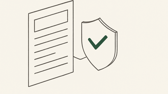 Line illustration of a marketing document reviewed through a checklist-shield node