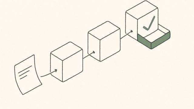 Line illustration of a document moving through connected automation nodes to a filed tray