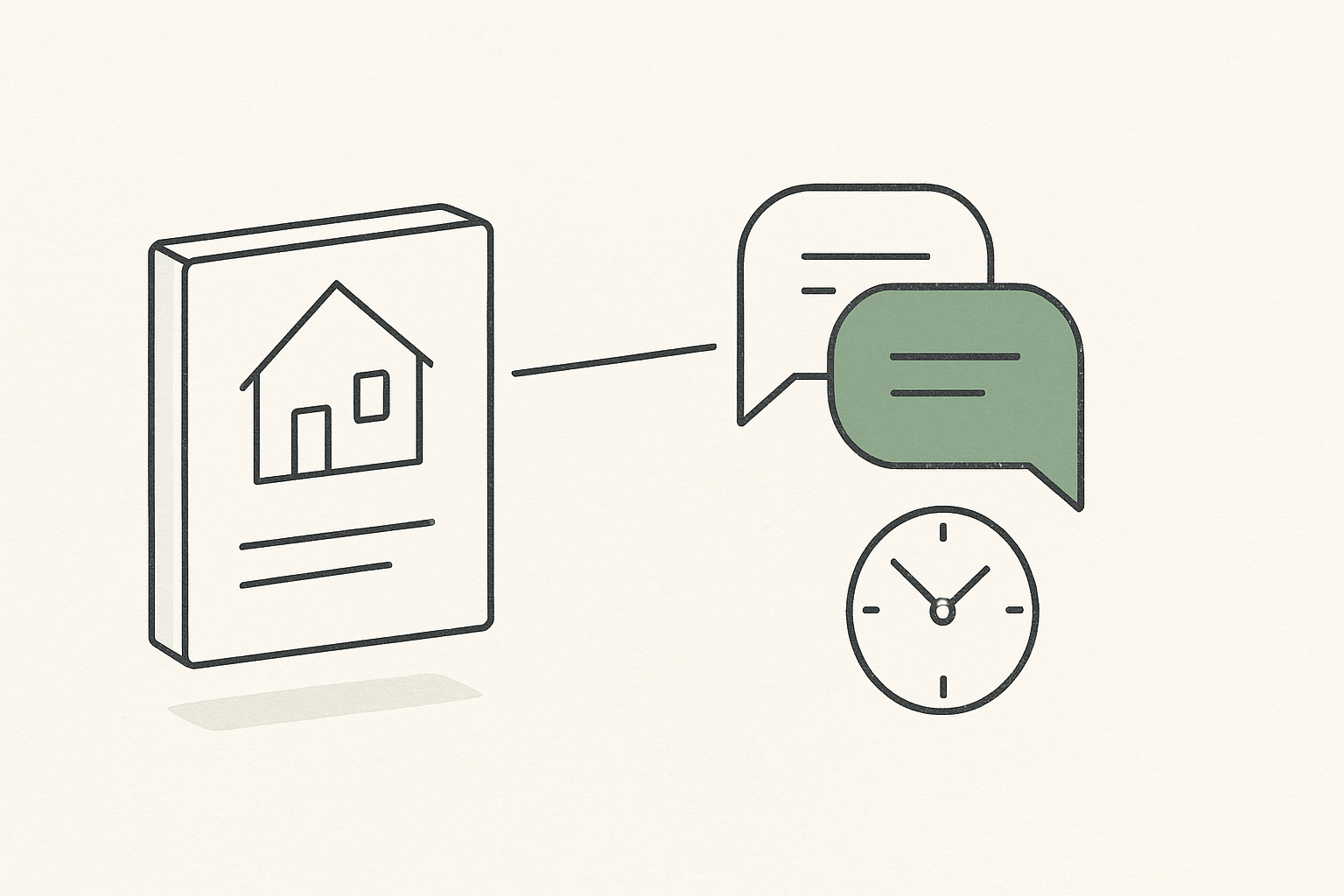 Line illustration of a property listing connected to an instant message reply