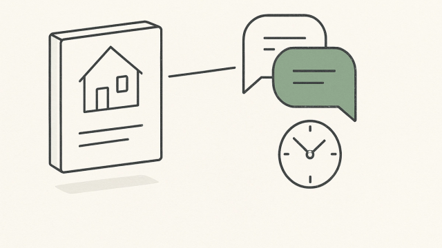 Line illustration of a property listing connected to an instant message reply