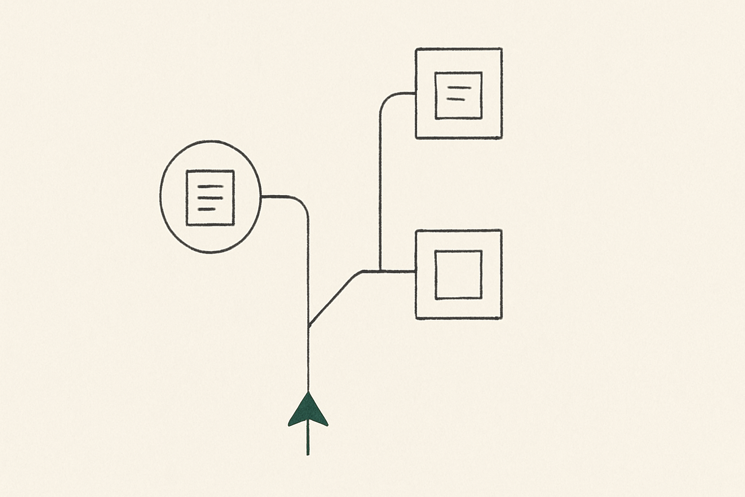 Line illustration of a decision fork between fixed workflow nodes and a reasoning node