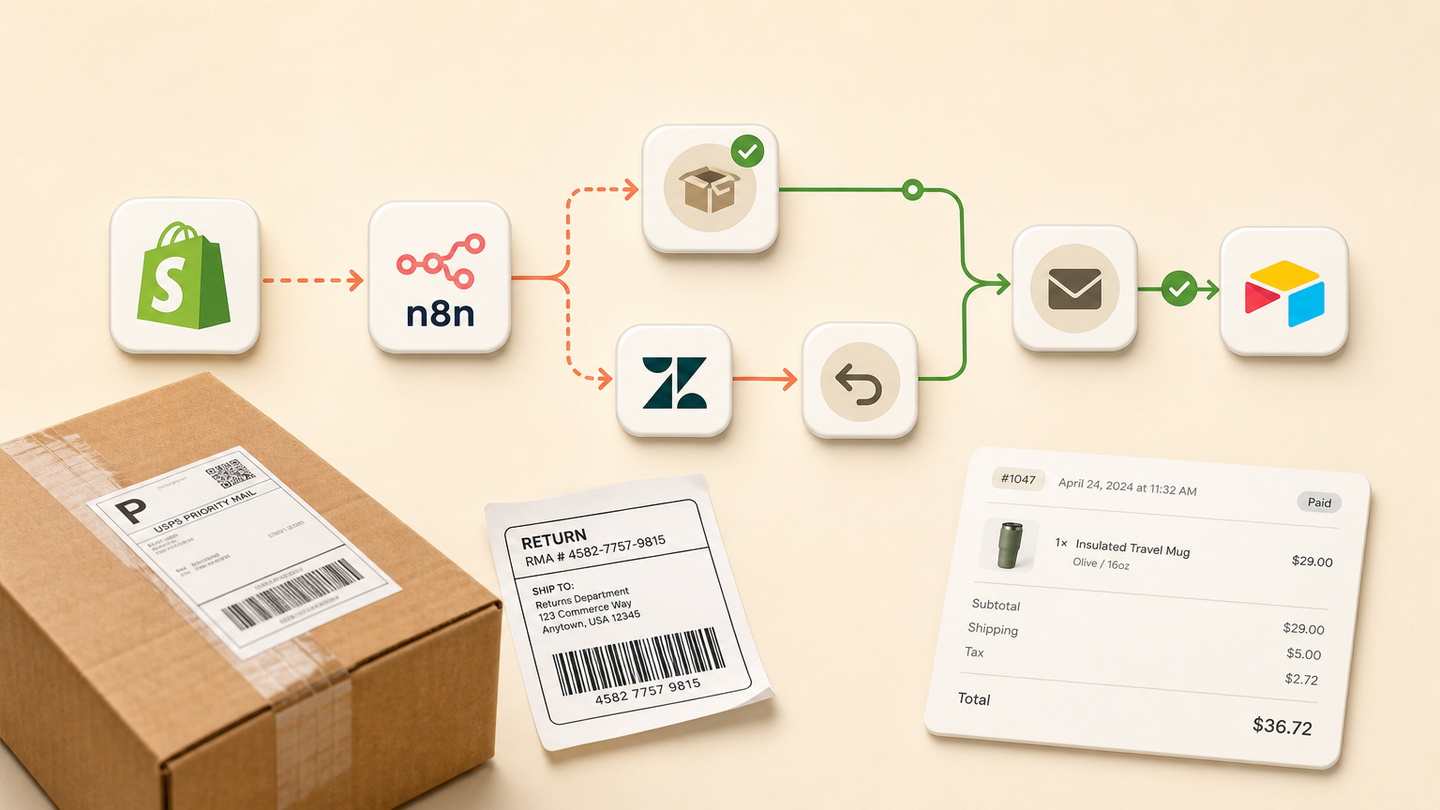 Ecommerce workflow connecting Shopify, n8n, inventory, Zendesk, returns approval and Airtable
