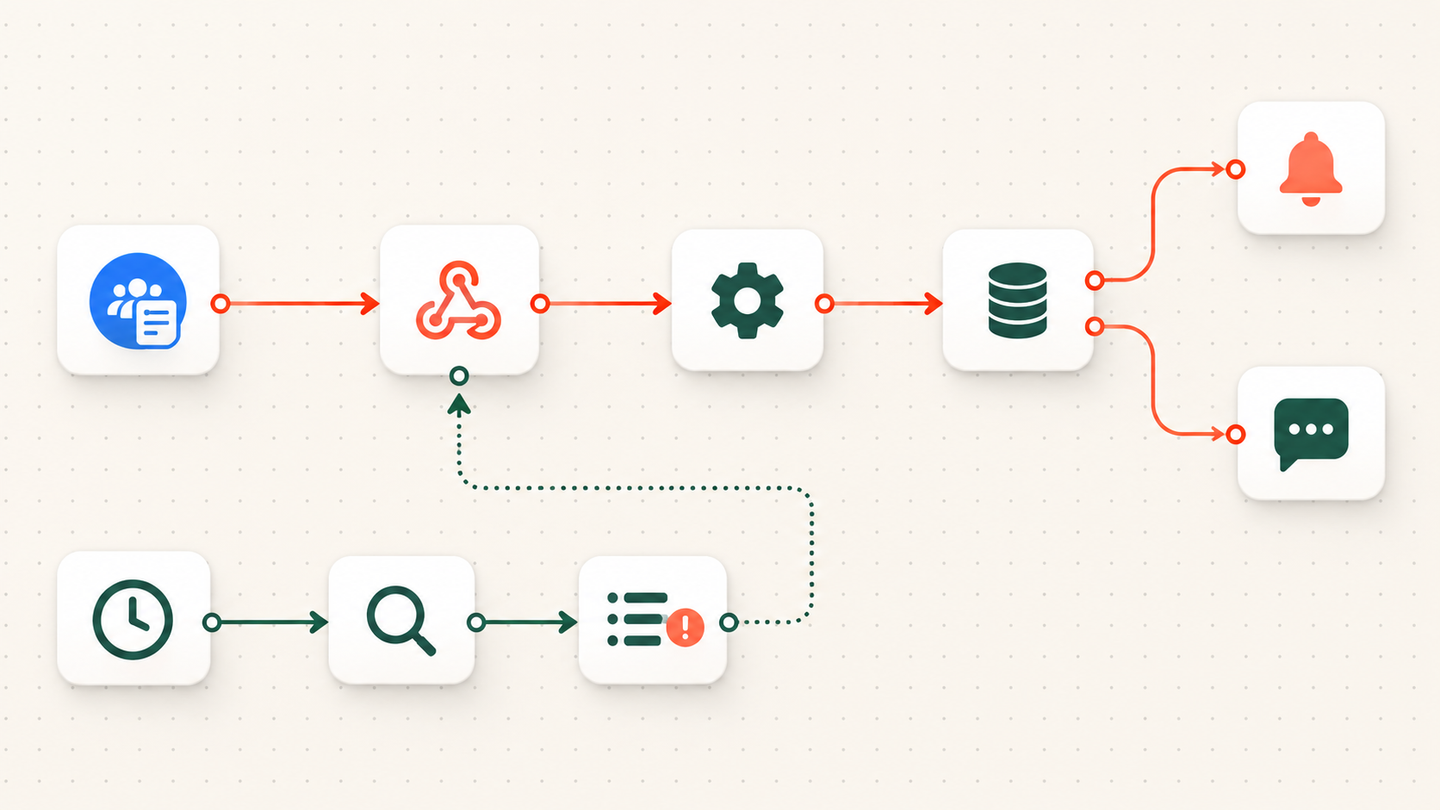 Node-based Meta lead workflow with webhook capture, field normalisation, spreadsheet record, WhatsApp notifications and scheduled recovery loop