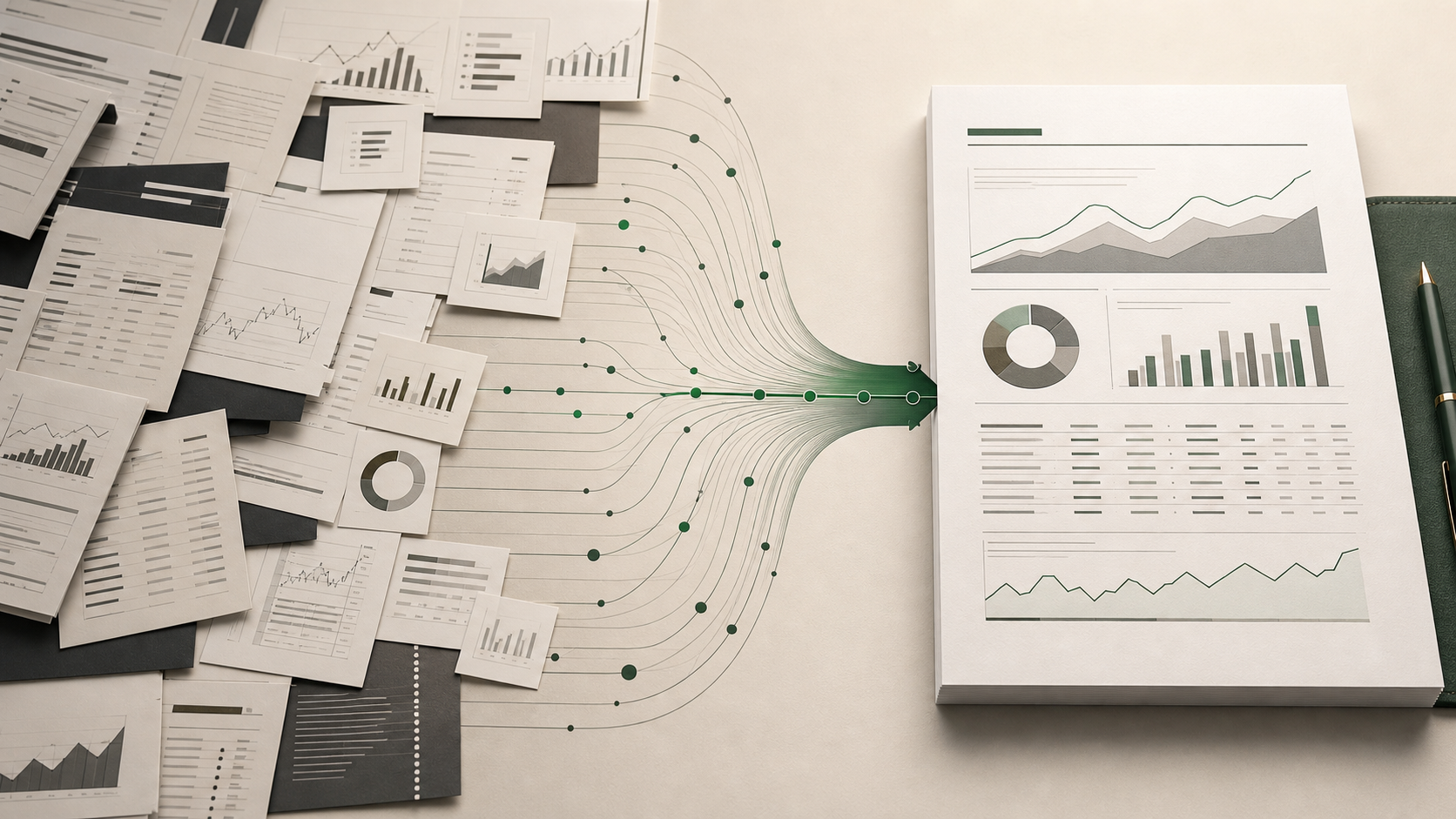 Editorial illustration of scattered portfolio statements consolidating into a clean quarterly client report