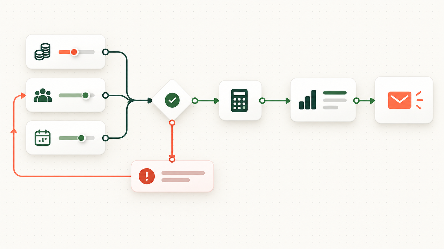 Node-based ROI calculator workflow from business inputs through deterministic calculation and personalised email delivery