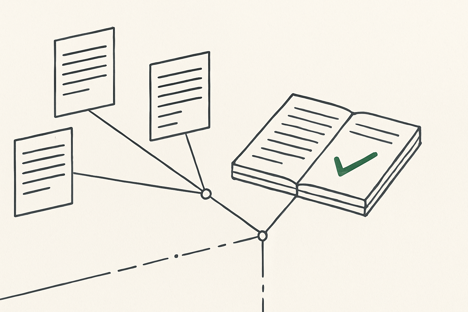 Line illustration of multiple statements converging into one ledger through reconciliation nodes