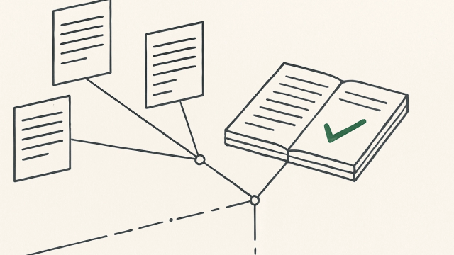 Line illustration of multiple statements converging into one ledger through reconciliation nodes