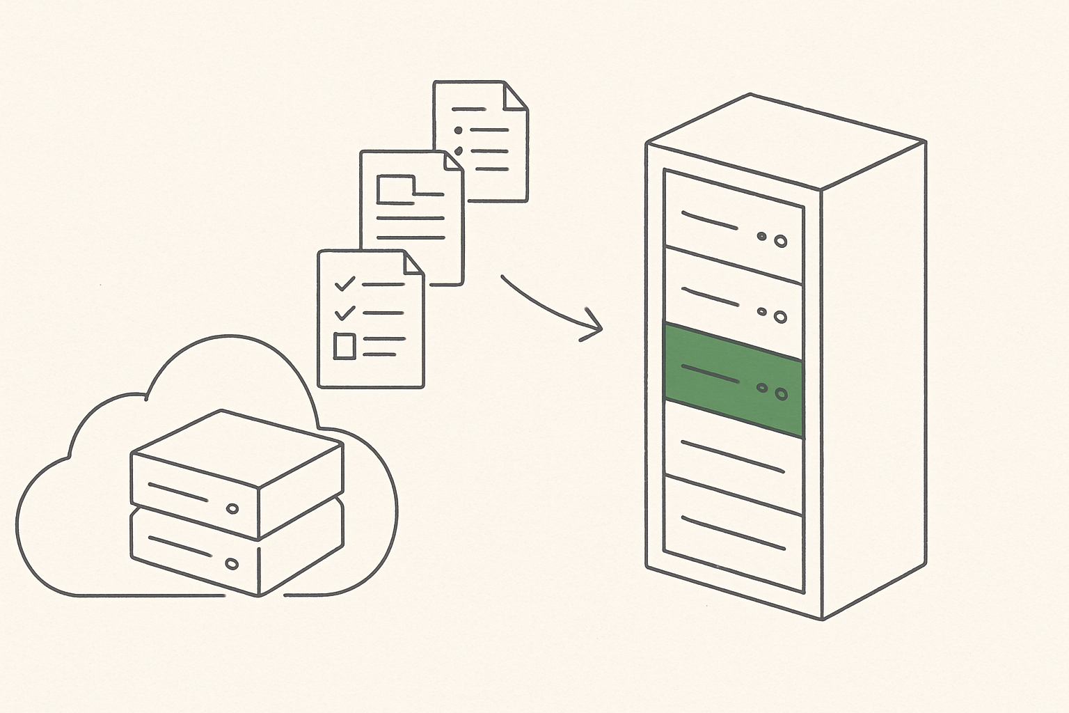 Line illustration of workflow blocks moving from a cloud to an on-premise server rack