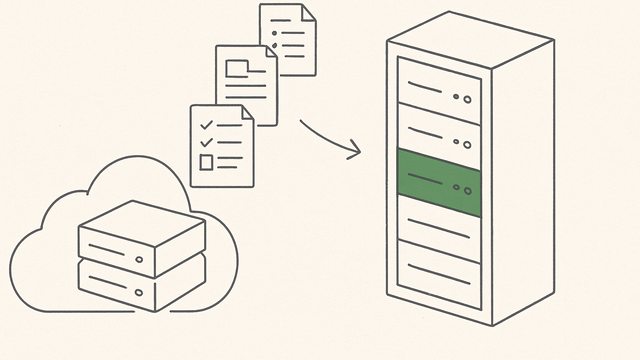 Line illustration of workflow blocks moving from a cloud to an on-premise server rack