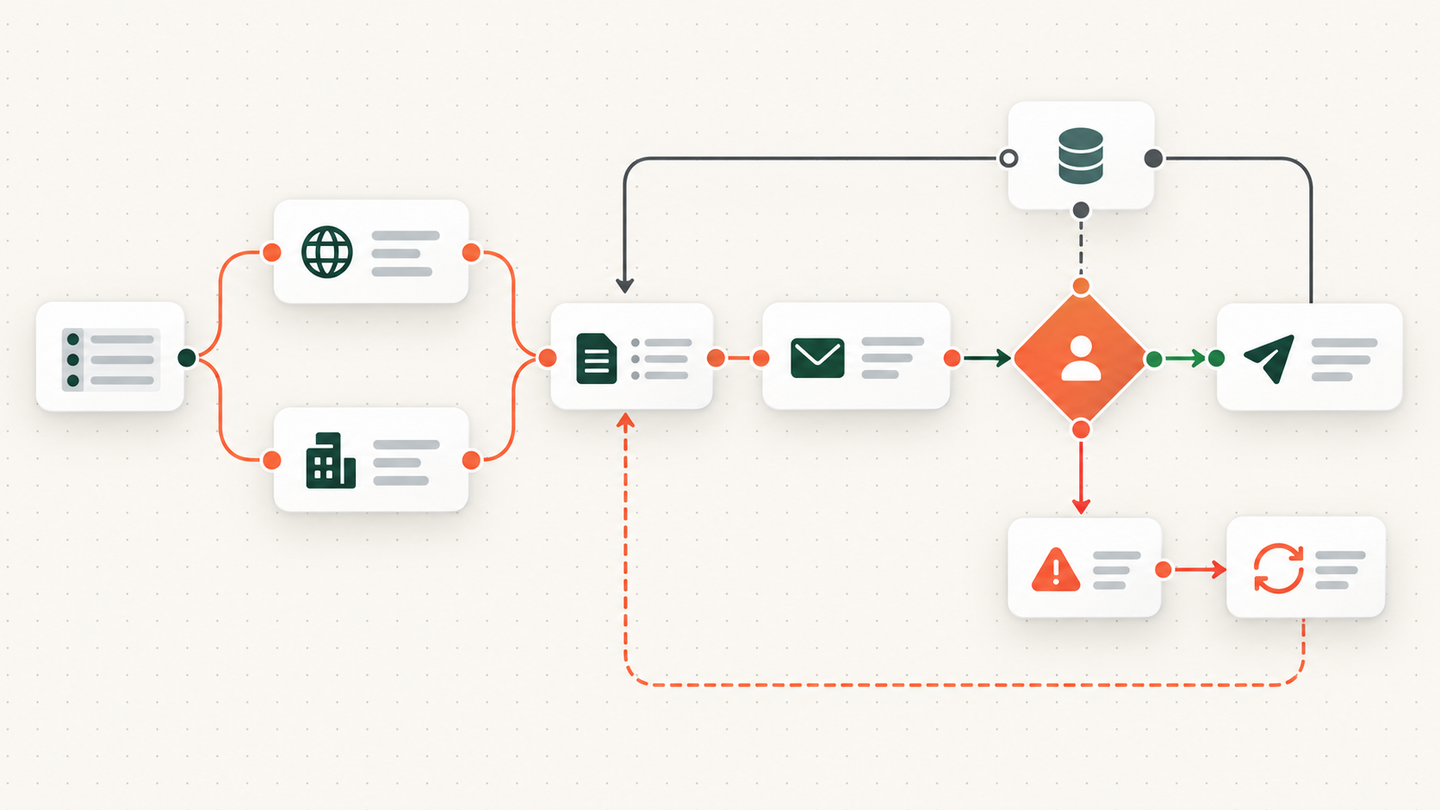 Node-based outbound workflow with lead data, website and news research, email drafting, human approval, campaign delivery, retry and dead-letter paths