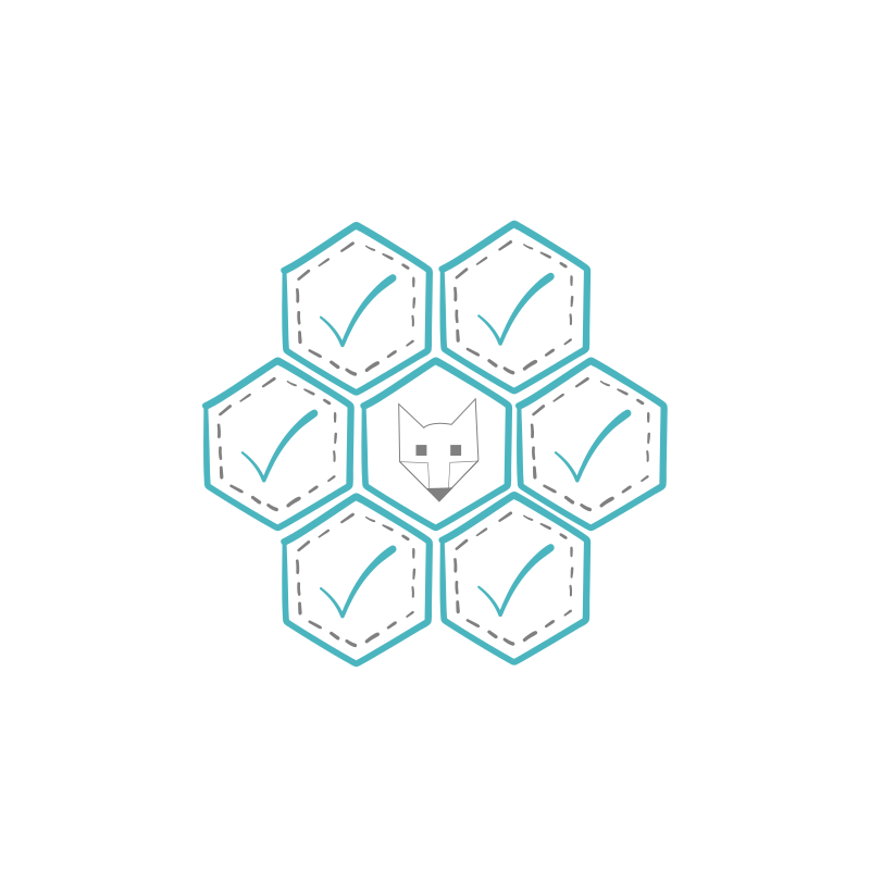 Hexagon with Fox Logo surrounded by Hexagons with Checkmark Logos