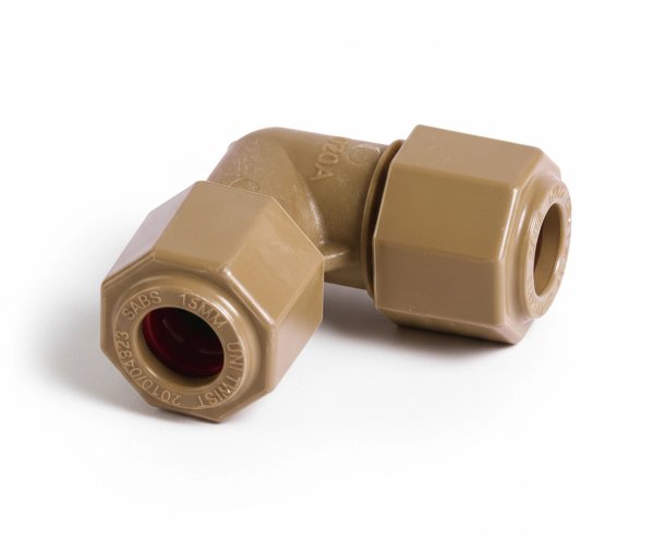 Close-up product image of a Unitwist 15mm Monogold PP-R elbow fitting used for reliable plumbing pipe connections.