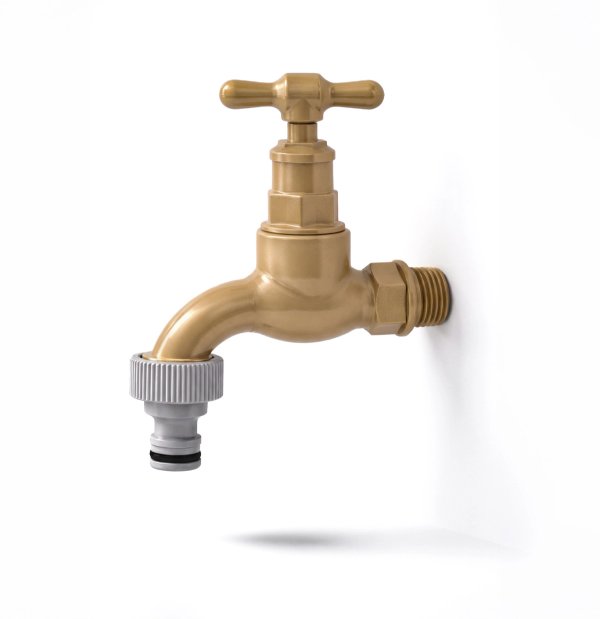 Close-up product image of a Unitwist 15mm Monogold plastic tap with threaded wall connection and grey hose adaptor.