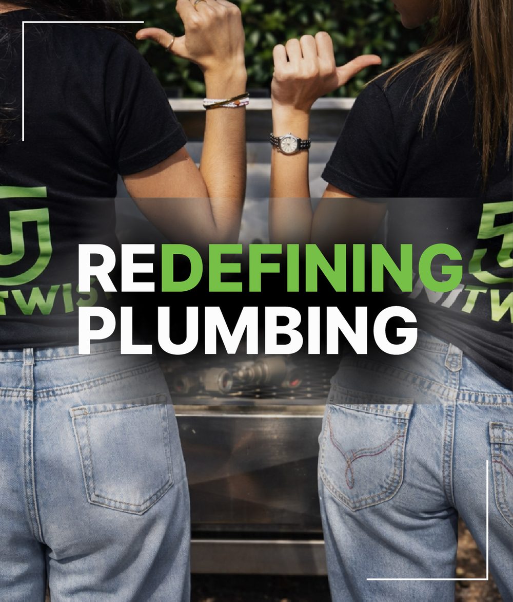 Two women standing back-to-camera in Unitwist shirts, pointing at each other, overlaid with the headline “REDEFINING PLUMBING” in bold green and white text.
