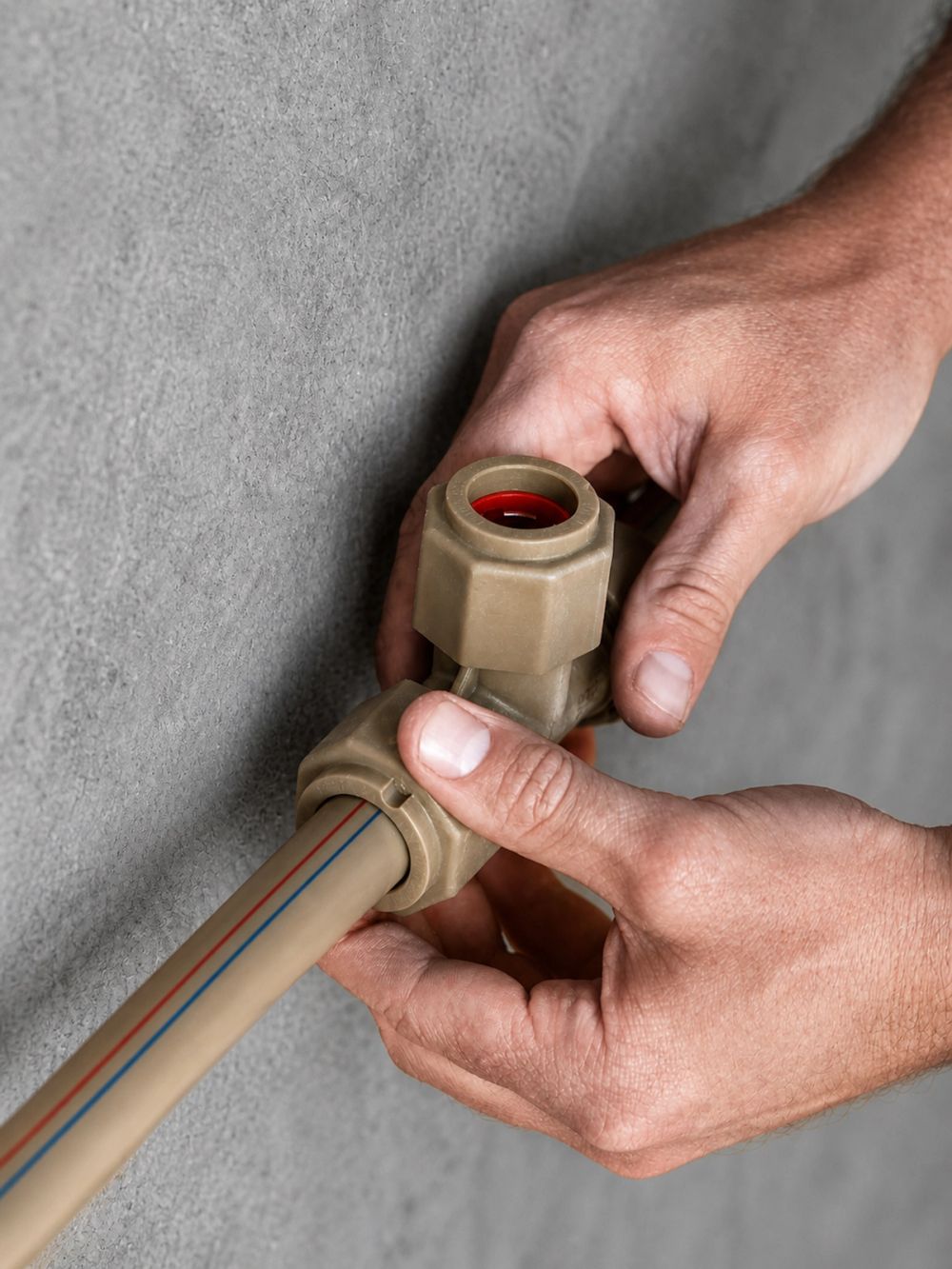 Plumber fitting a PP-R pipe connection during a wall-mounted plumbing installation.