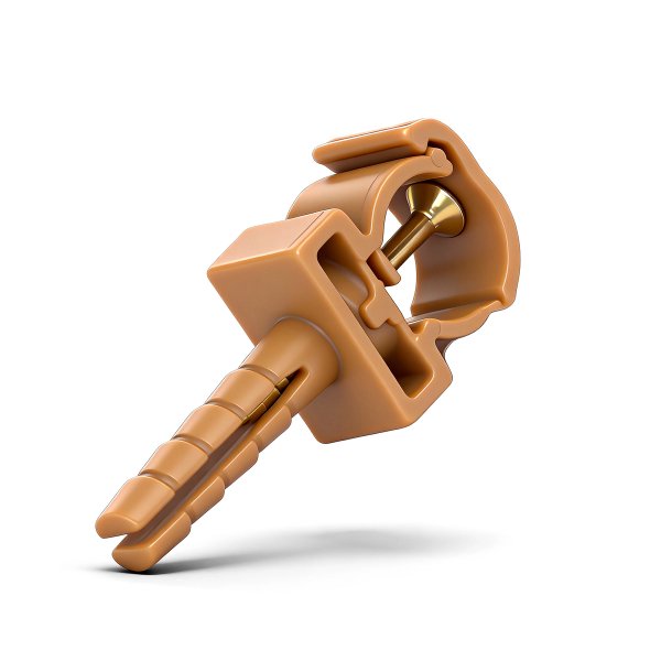 Close-up product image of a Unitwist EasyBat pipe fixing clip designed to secure PP-R plumbing pipes to walls and surfaces.