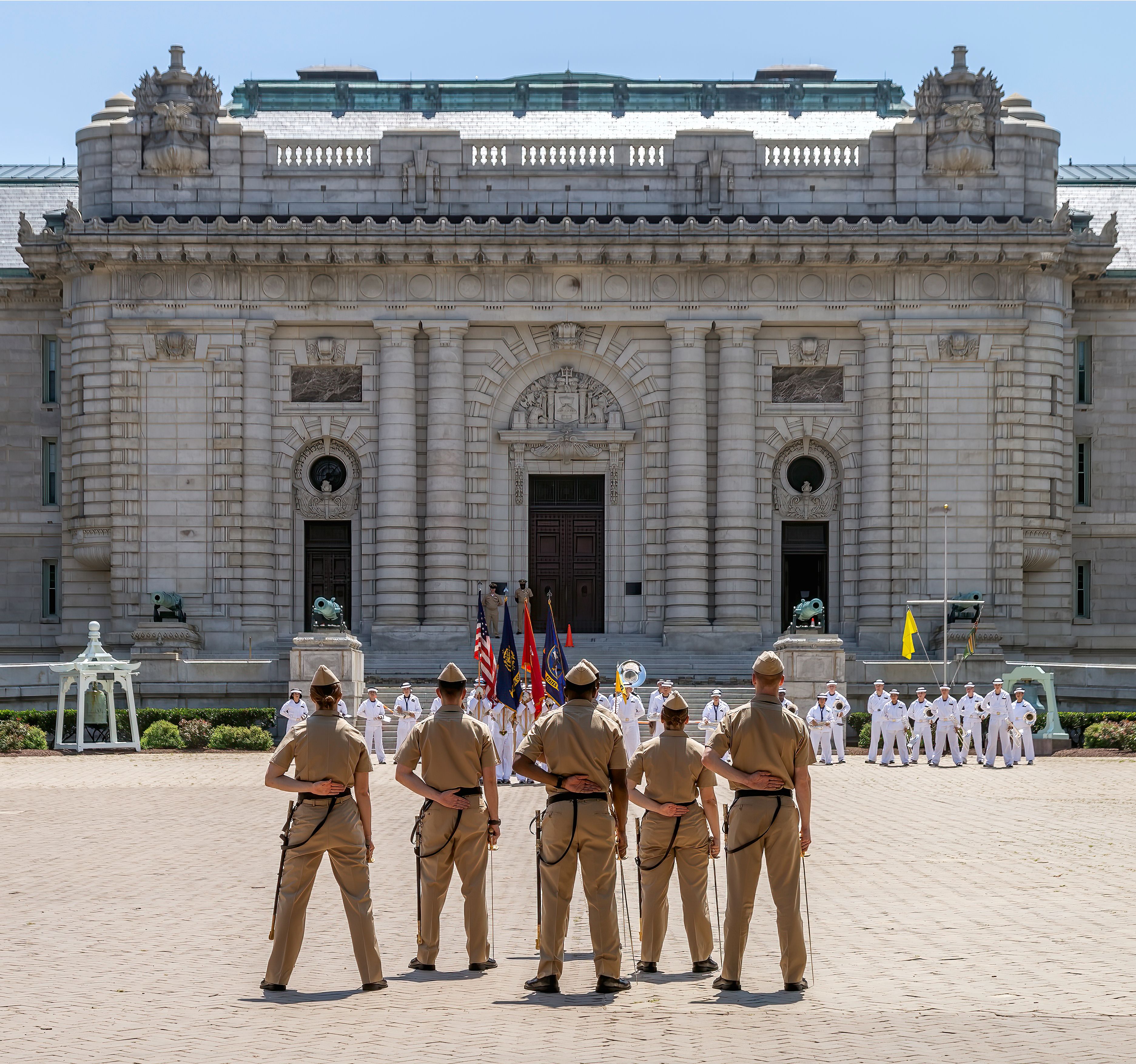 Midshipmen in noon formation outside Bancroft Hall at the Naval Academy.