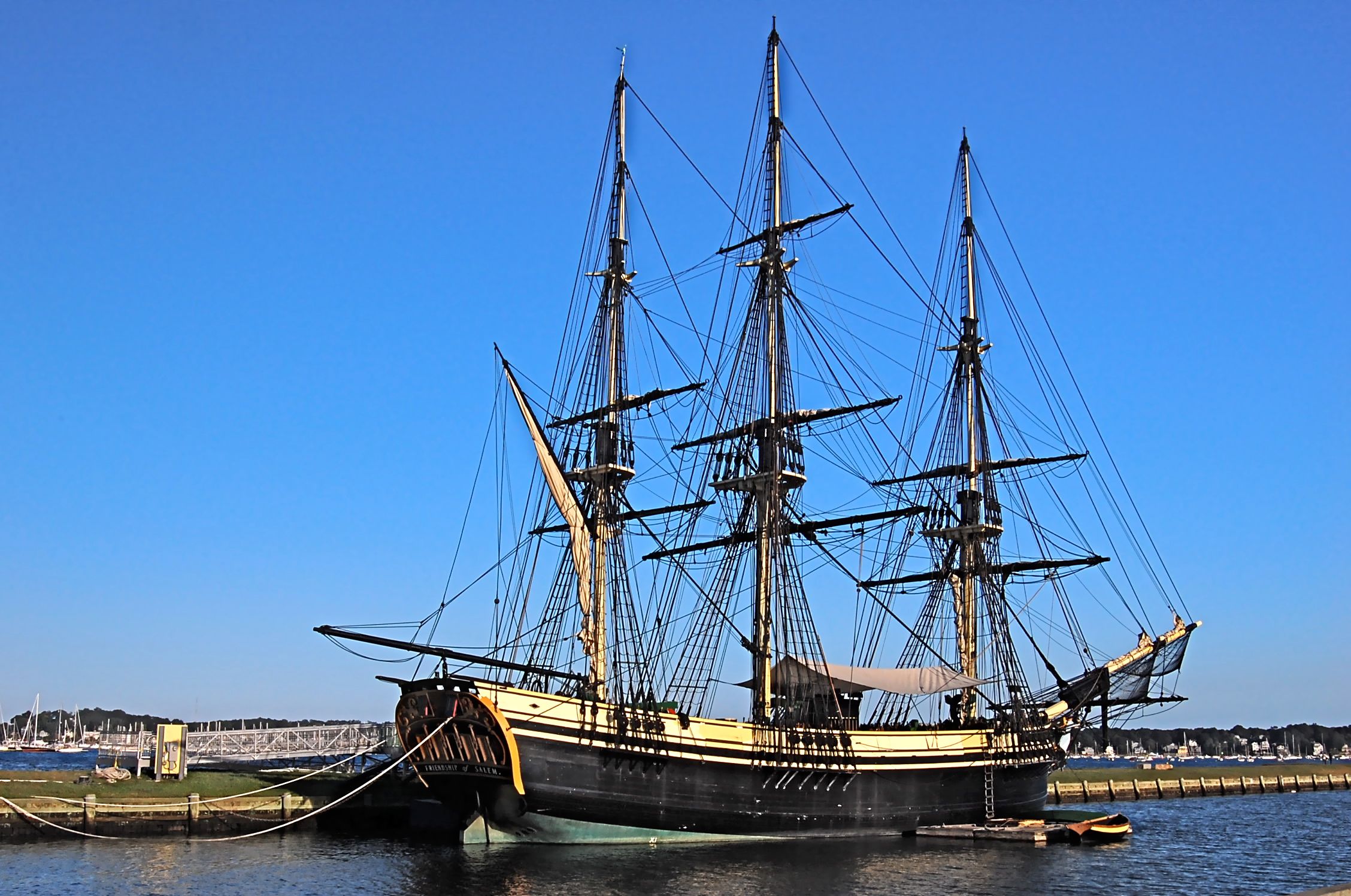 A replica of the 1797 merchant ship Friendship docked at Derby Wharf.