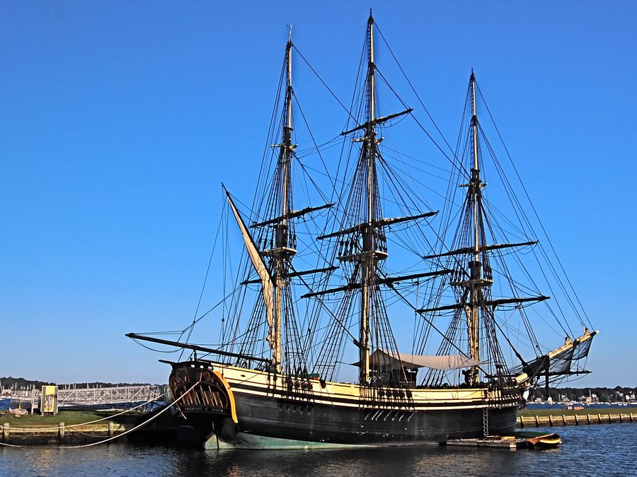 A replica of the 1797 merchant ship Friendship docked at Derby Wharf.