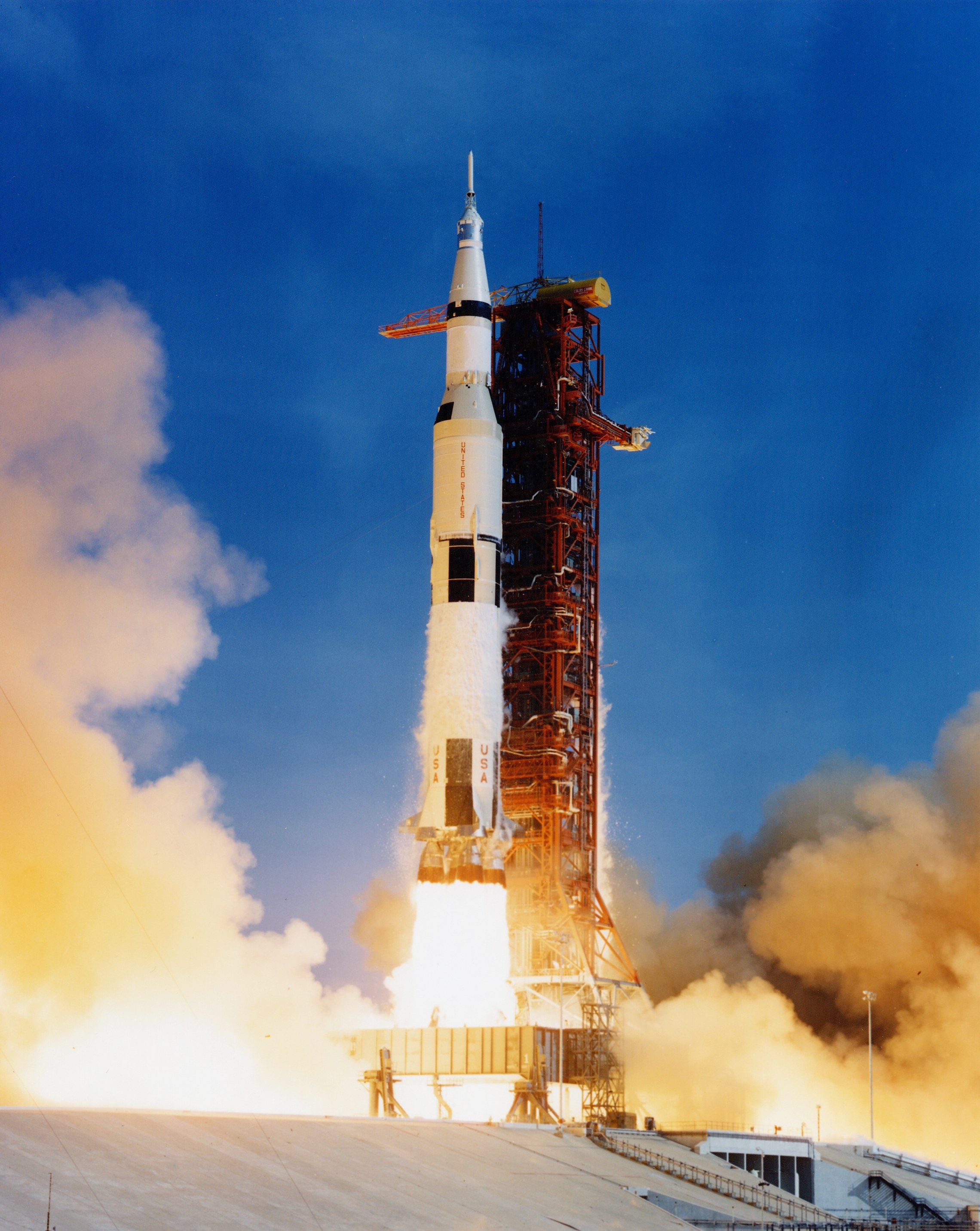 The Apollo 11 Saturn V rocket lifting off from Launch Complex 39 on July 16, 1969.