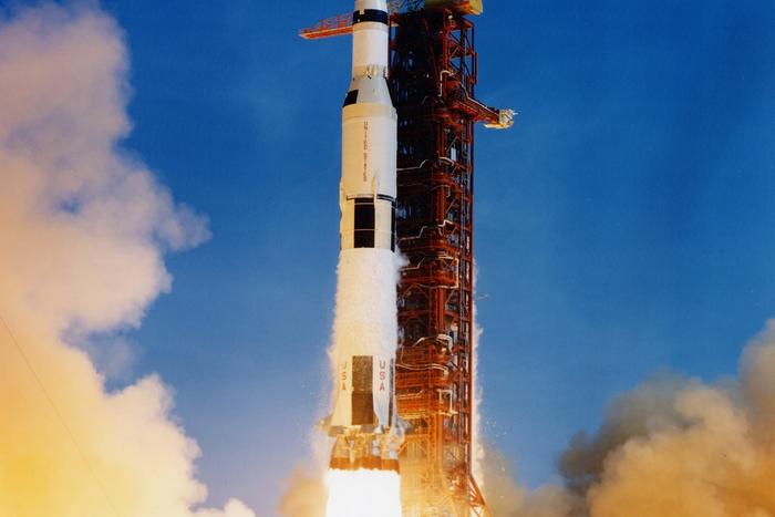 The Apollo 11 Saturn V rocket lifting off from Launch Complex 39 on July 16, 1969.