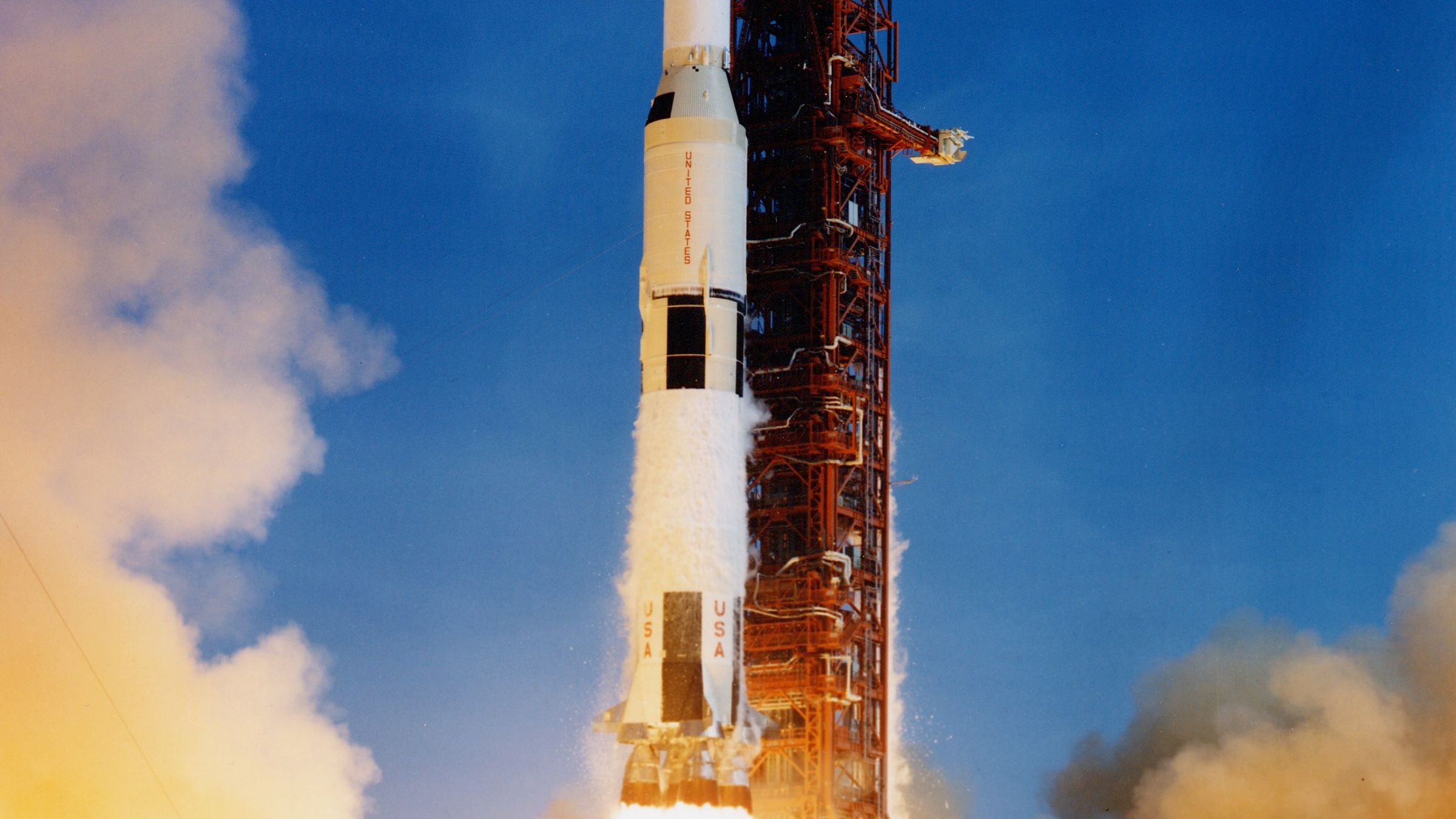 The Apollo 11 Saturn V rocket lifting off from Launch Complex 39 on July 16, 1969.