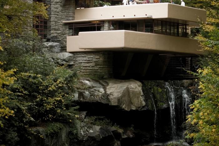 Fallingwater, cantilevered over the waterfall at Bear Run.