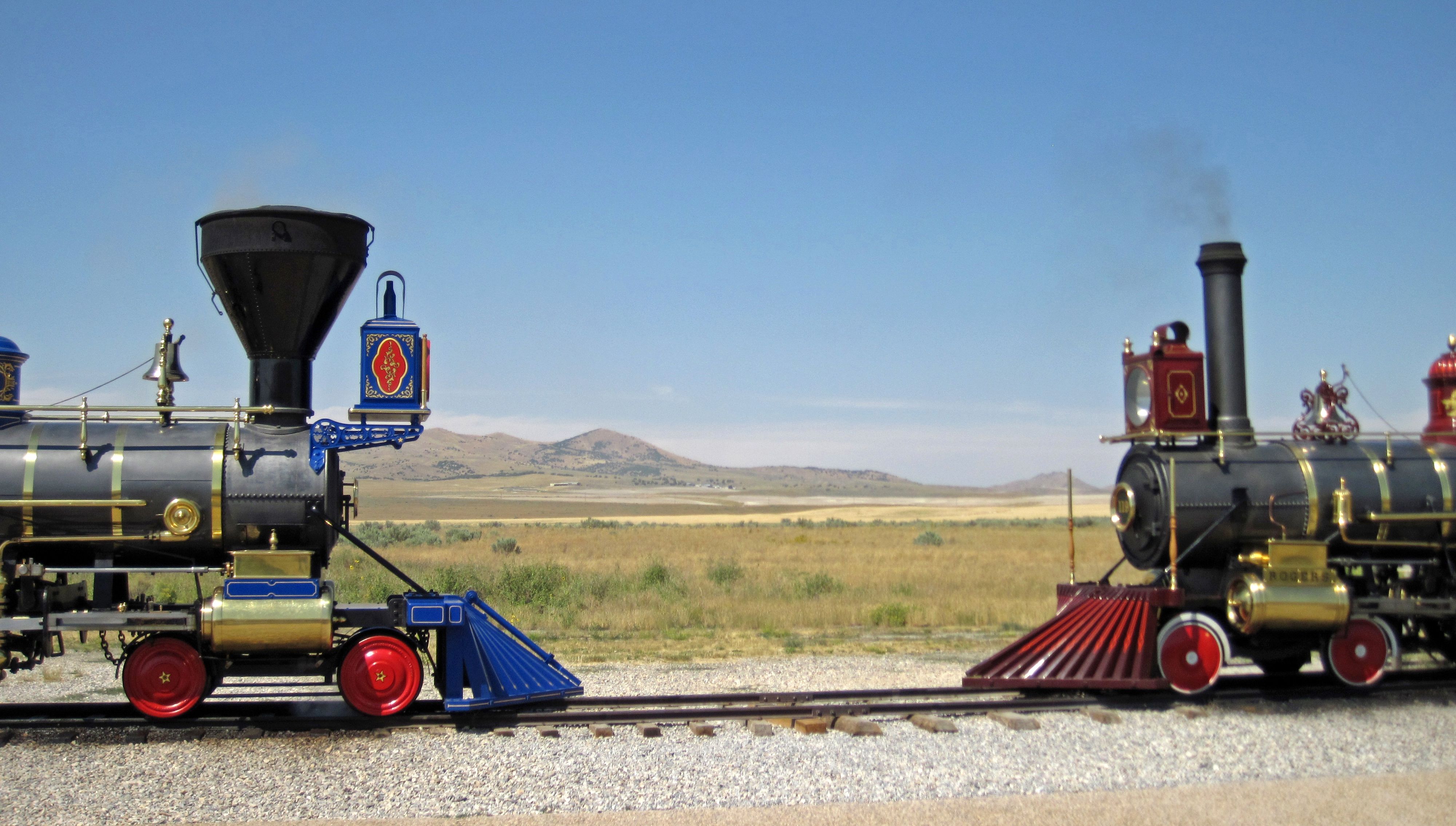 Replica locomotives Jupiter and No. 119 meet pilot to pilot at Golden Spike National Historical Park.
