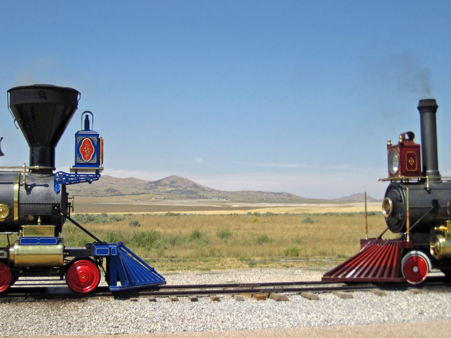 Replica locomotives Jupiter and No. 119 meet pilot to pilot at Golden Spike National Historical Park.