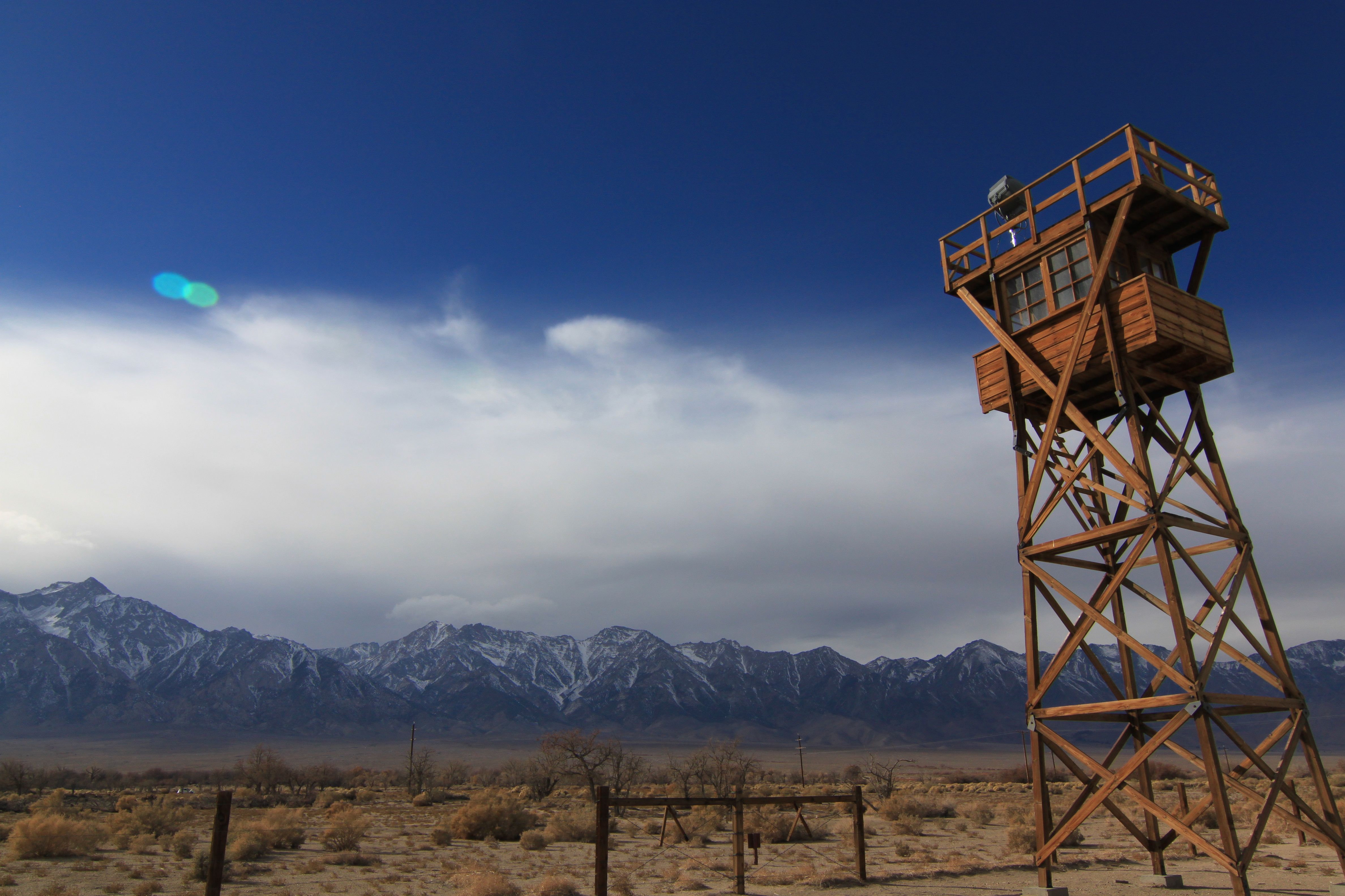 A reconstructed guard tower overlooking the Manzanar camp site.