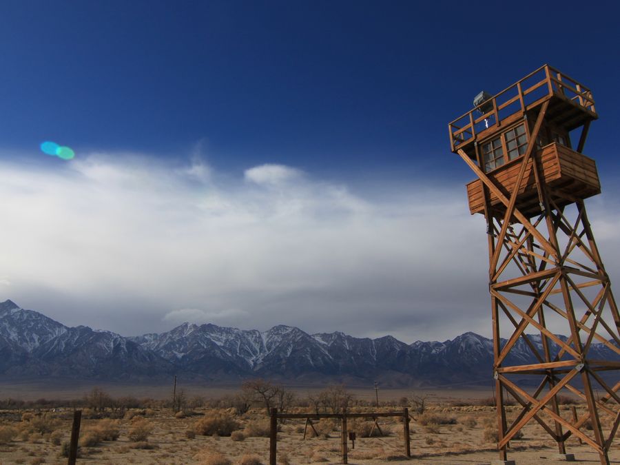 A reconstructed guard tower overlooking the Manzanar camp site.