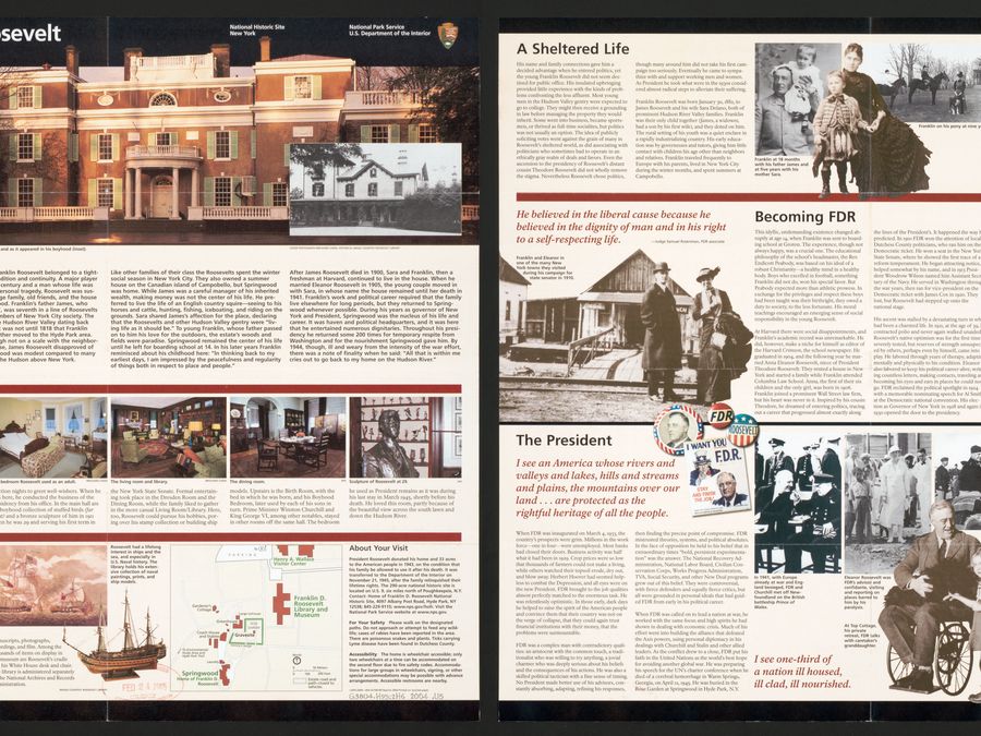 A wide documentation view of the front elevation of the Roosevelt mansion.