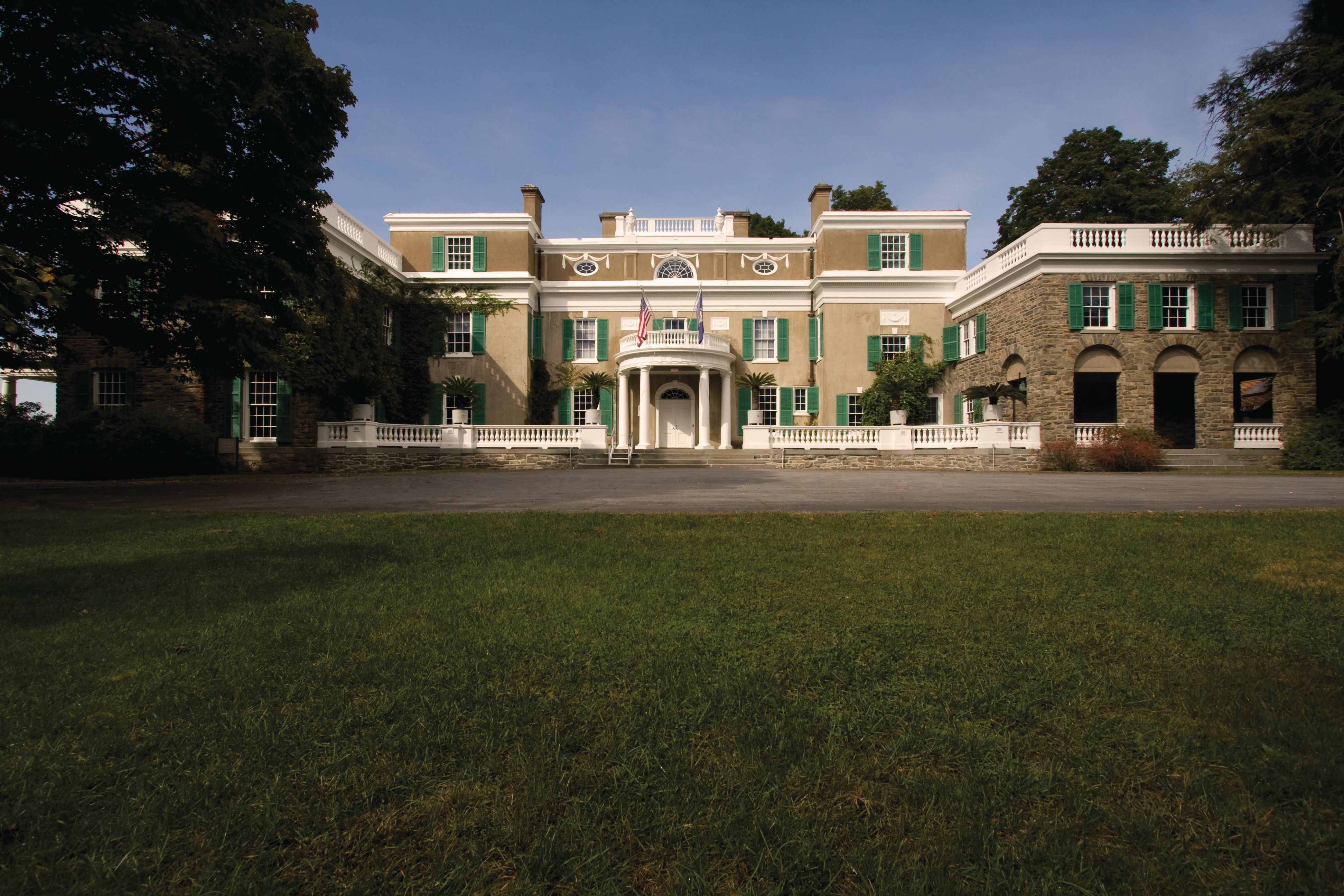 The east facade of the Roosevelt house overlooking the grounds.