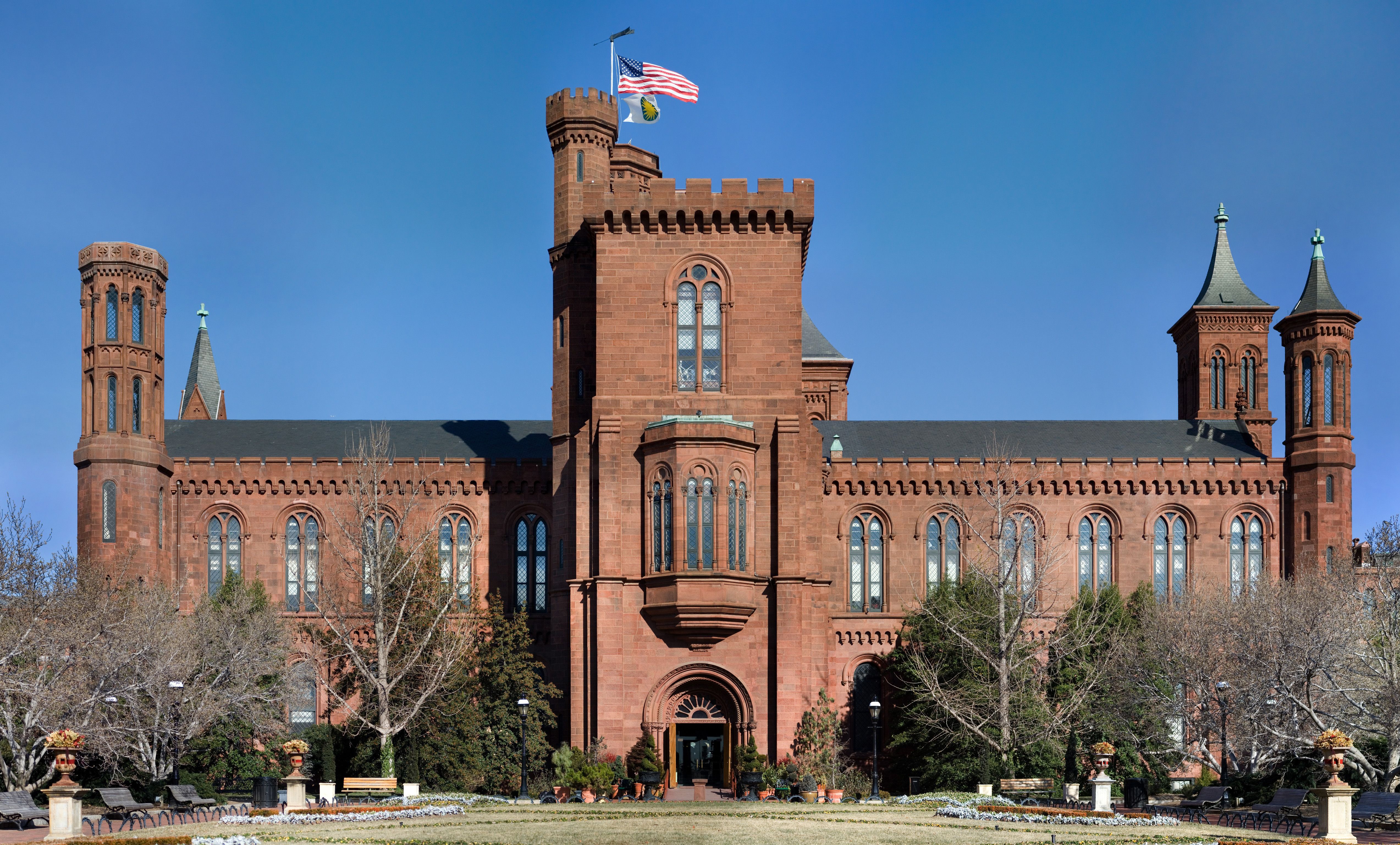 The red sandstone Smithsonian Institution Building, known as the Castle, on the National Mall.