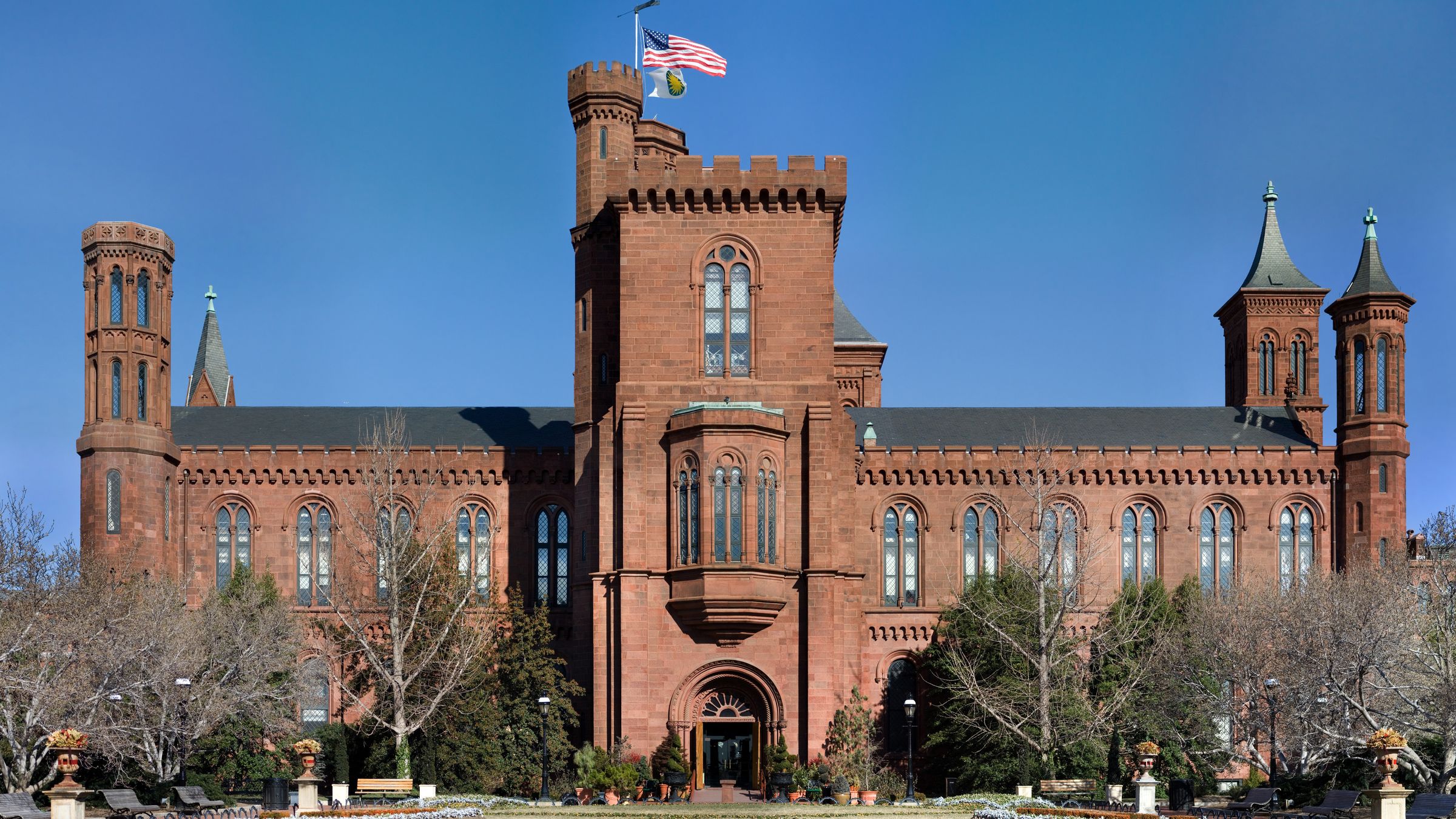The red sandstone Smithsonian Institution Building, known as the Castle, on the National Mall.