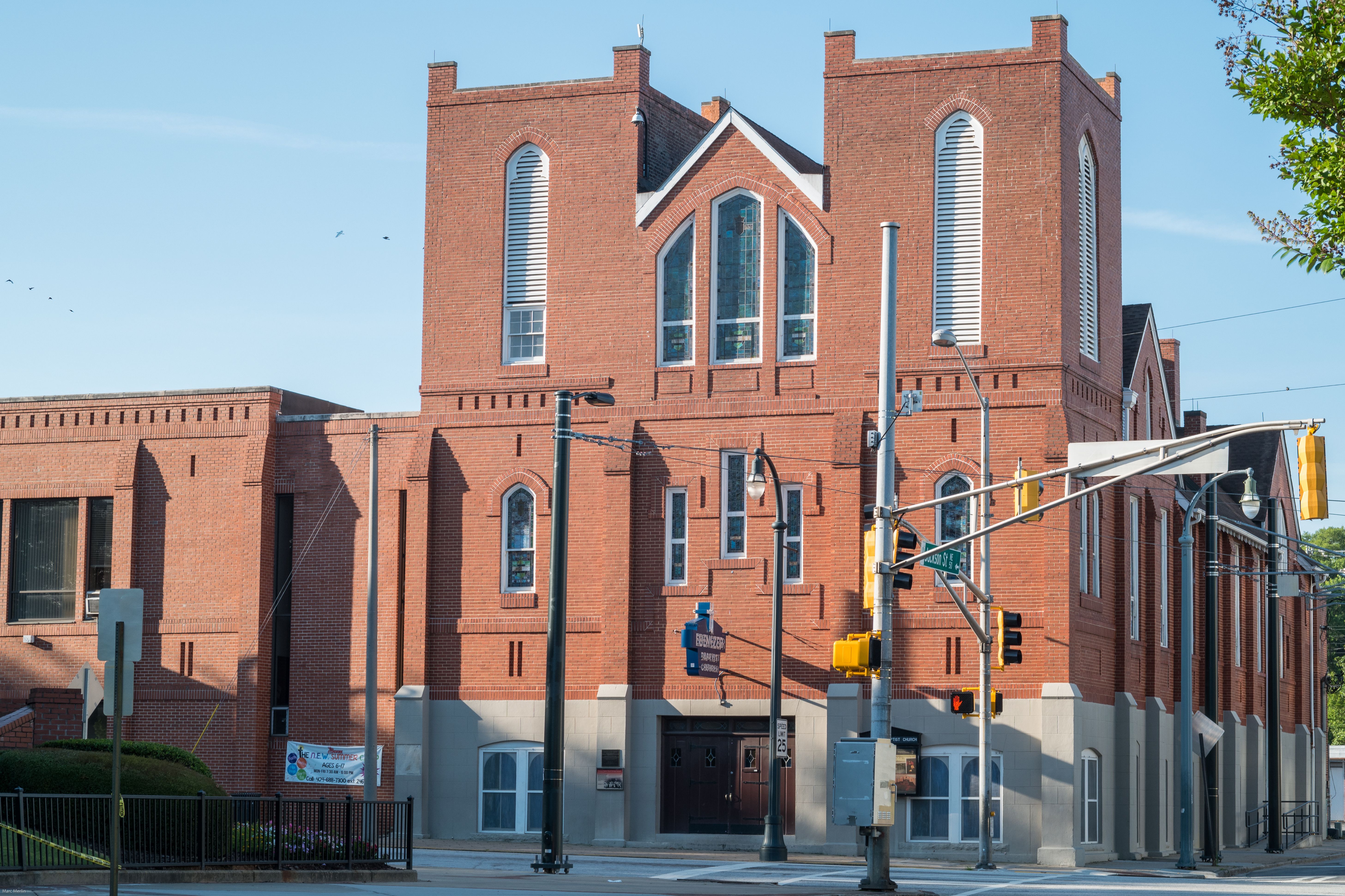 The brick facade of the historic Ebenezer Baptist Church in Atlanta.