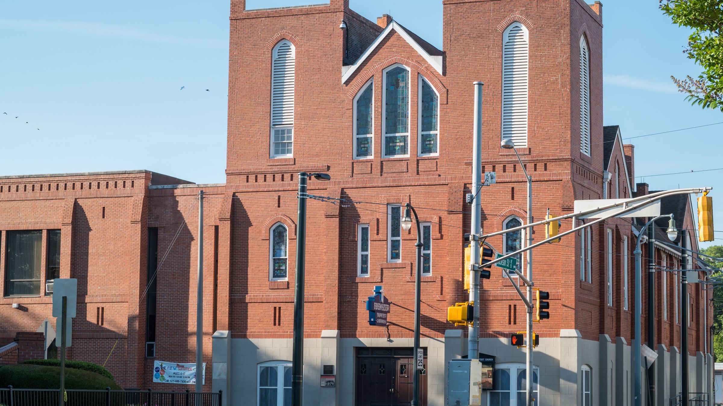 The brick facade of the historic Ebenezer Baptist Church in Atlanta.