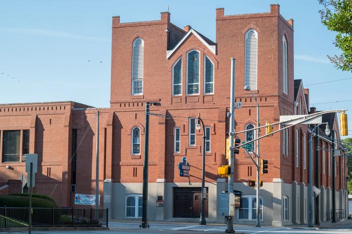 The brick facade of the historic Ebenezer Baptist Church in Atlanta.