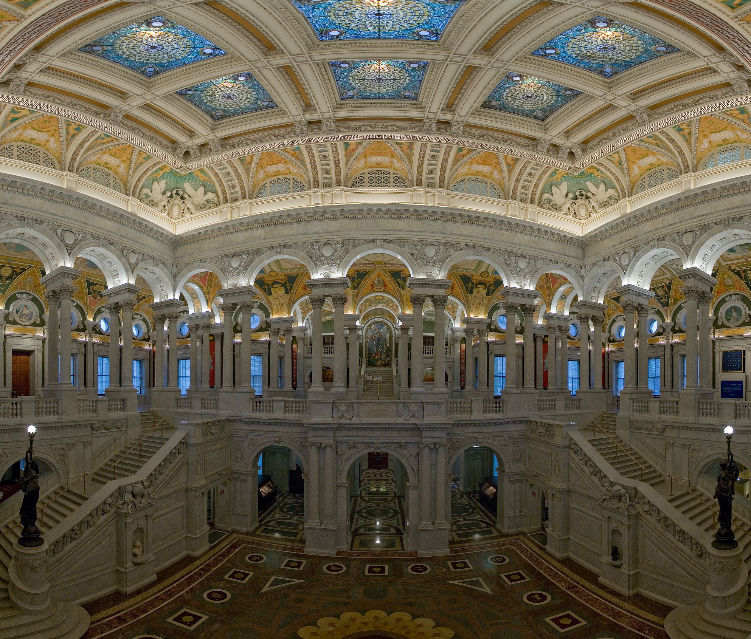 The ornate marble Great Hall inside the Library of Congress's Thomas Jefferson Building.