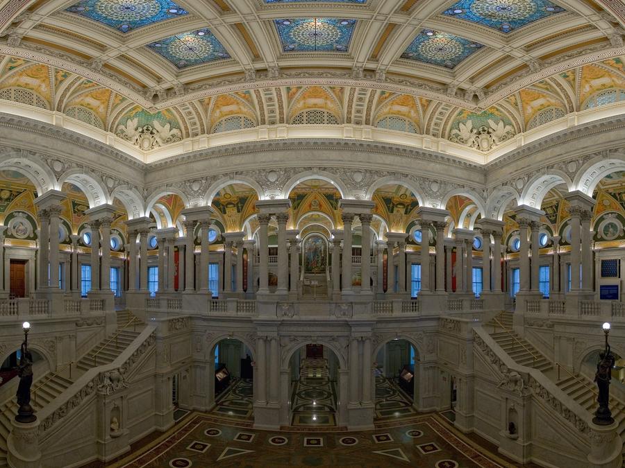 The ornate marble Great Hall inside the Library of Congress's Thomas Jefferson Building.