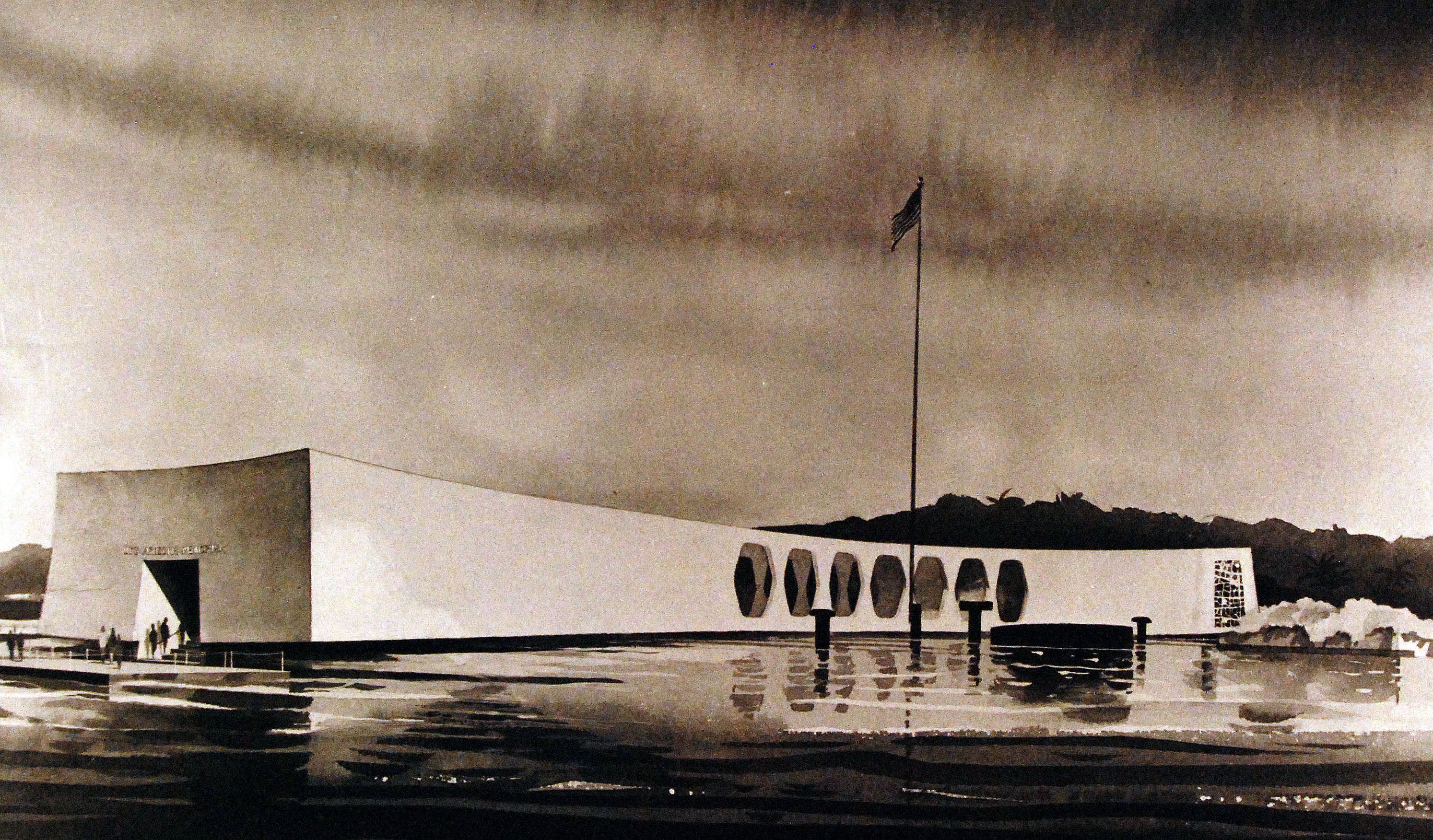 The USS Arizona Memorial spanning the sunken battleship.