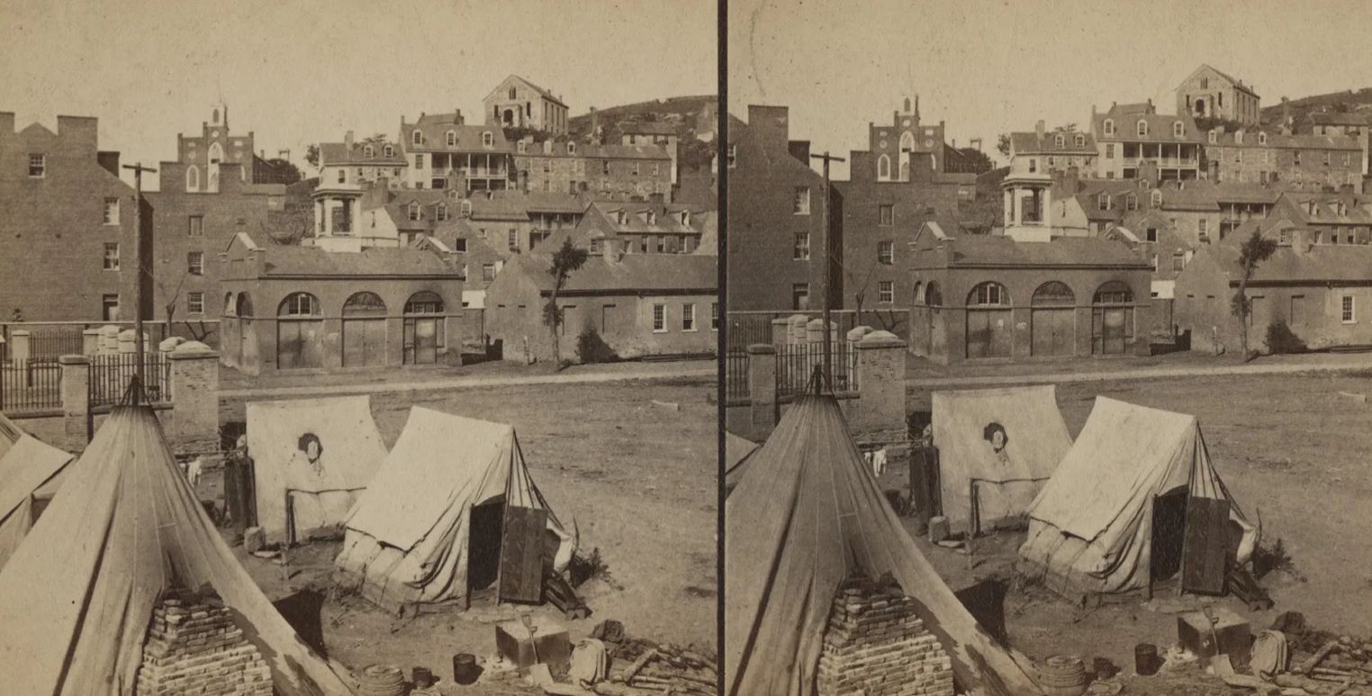 An 1861 view of a contraband camp at Harpers Ferry during the Civil War.