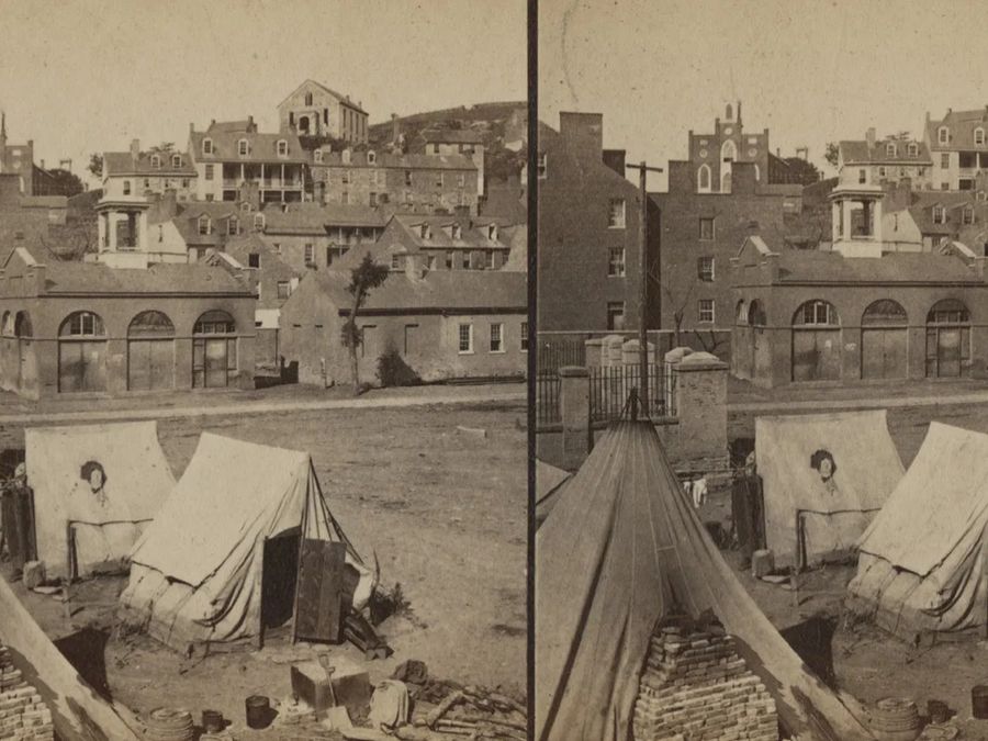 An 1861 view of a contraband camp at Harpers Ferry during the Civil War.