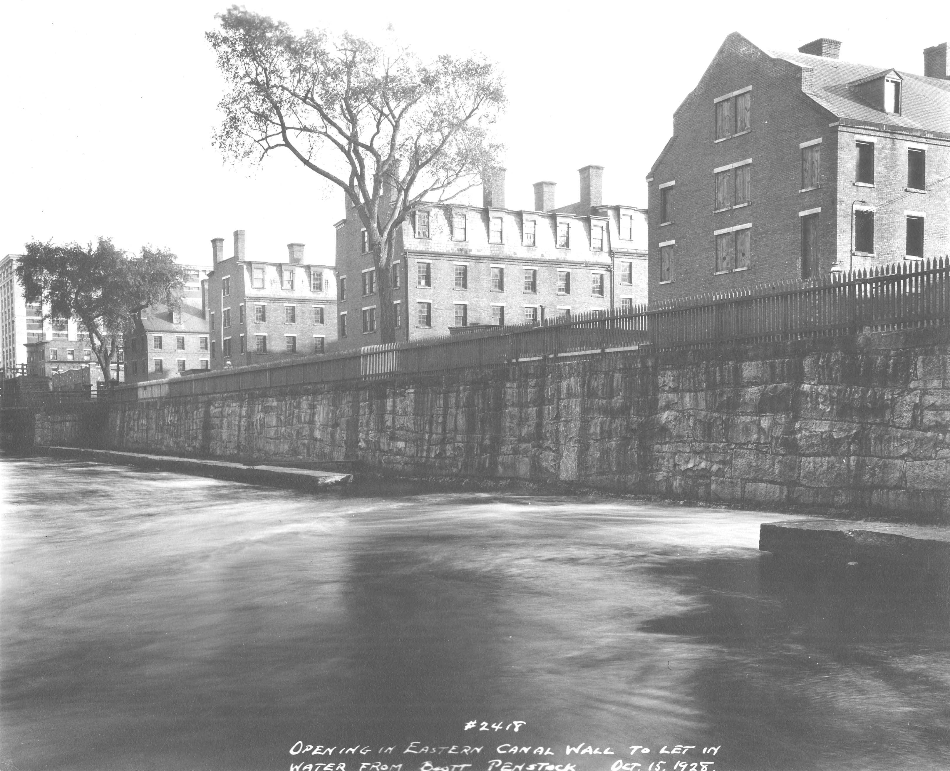 The Eastern Canal running beside the Boott Mills boardinghouses in Lowell.