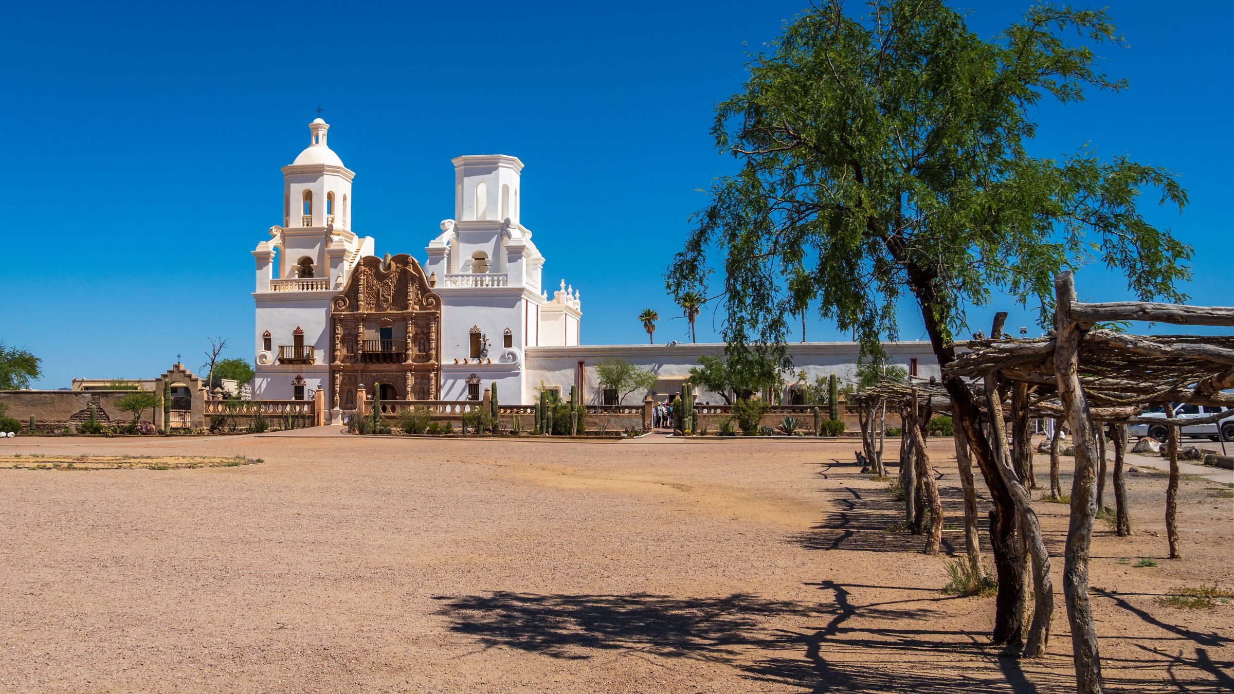 The white Baroque facade of Mission San Xavier del Bac near Tucson.